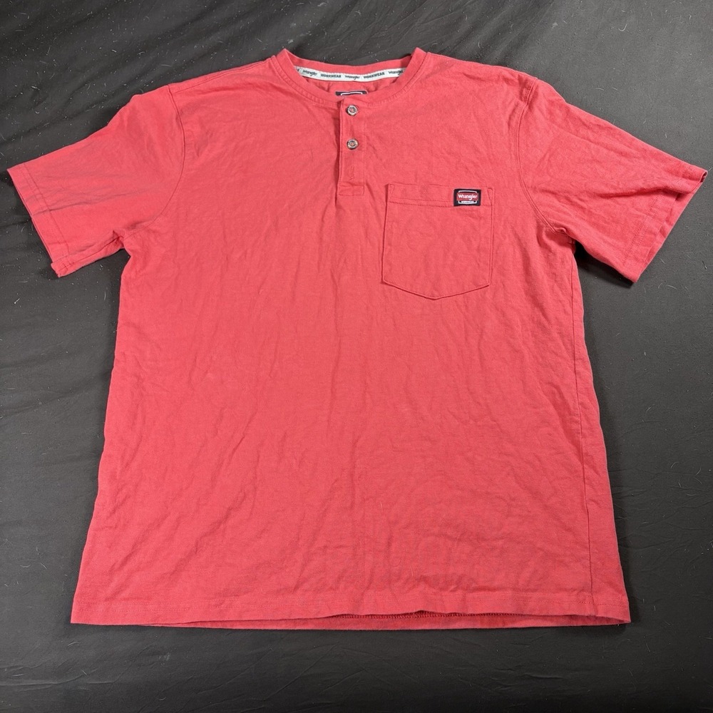 Wrangler Workwear Henley Shirt Mens M Red Pocket Tee Short Sleeve Relaxed Fit
